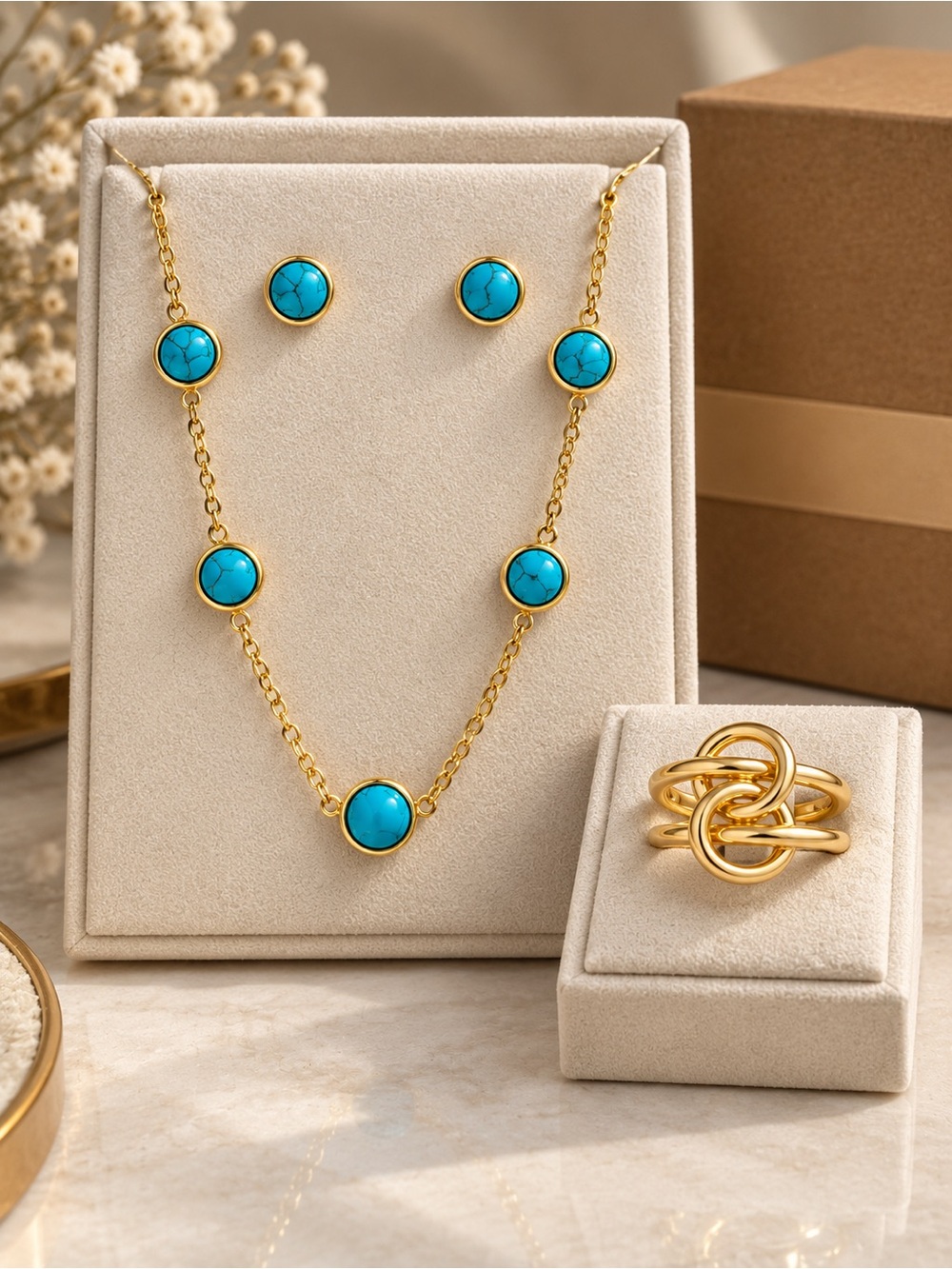 Turquoise Gold Chain Necklace & Earring Set